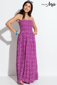 Fioletowy - Plażowa sukienka maxi bez ramiączek Pour Moi z marszczoną górą (B70639) | 265 zł