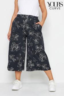 Yours Curve Black Leaf Print Wide Leg Trousers (B70846) | AED133