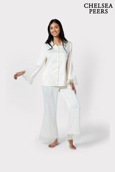 Chelsea Peers Cream Satin Fringe-Trim Long Pyjama Set (B70911) | ￥11,450