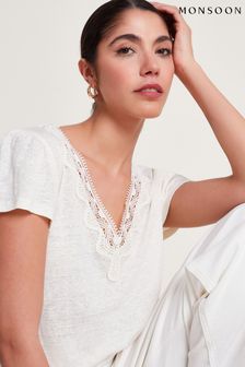 Monsoon White Lisa Lace Linen T-Shirt (B70957) | KRW104,600