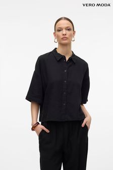 VERO MODA Black Linen Blend Short Sleeve Relaxed Shirt (B71096) | $88