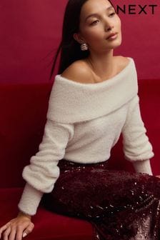 White Ecru Fluffy Off Shoulder Bardot Jumper (B71195) | €38