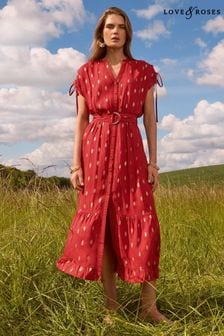 Love & Roses Red Foil Ruched Shoulder Belted Midi Dress (B71332) | SGD 108