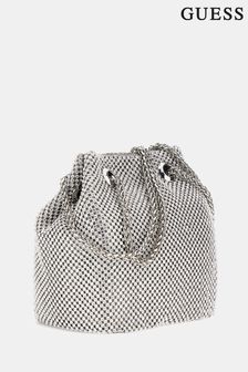 Guess Silver Lua Rhinestone Embellished Pouch Bucket Bag (B71883) | 657 LEI
