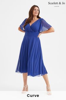 Scarlett & Jo Blue Victoria Angel Sleeve Mesh Midi long Dress (B72084) | AED444
