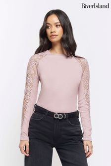 River Island Pink Lace Sleeve Detail  Long Sleeve Top (B72173) | €50
