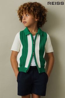 Reiss White/Bright Green Painter Senior Knitted Cotton Zip Front Shirt (B72862) | 382 QAR