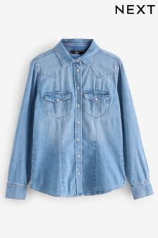 Mid Blue Fuller Bust Seam Detail Fitted Denim Western Shirt (B73088) | $55