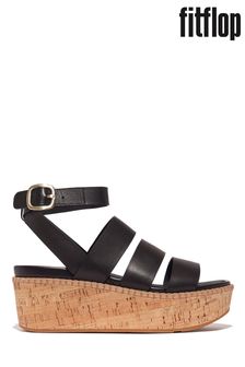 FitFlop Eloise Leather Cork Strappy Wedge Black Sandals (B73104) | $223