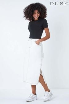 Dusk White Cotton Denim Side Split Midi Skirt (B73401) | €48