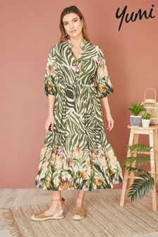 Yumi Green Viscose Zebra And Floral Print Midi Dress (B73457) | kr714