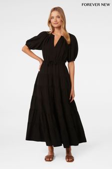 Forever New Black Gabe Midi Dress with a Touch of Linen (B74070) | $151