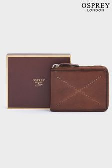 محفظة جلد بني للبطاقات بسحاب للعملات المعدنية وبطاقة الهوية بدرزة X من Osprey London (B74475) | 376 ر.س