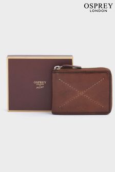 OSPREY LONDON The X Stitch Leather RFID Zip-Round Coin ID Brown Wallet
