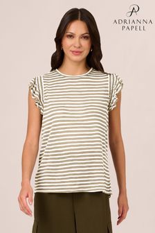 Adrianna Papell Green Ruffle Sleeve Striped Crew Neck Slub T-Shirt (B74521) | 249 SAR