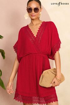 Love & Roses Red Lace Trim Belted Cover Up Kaftan (B74542) | $86