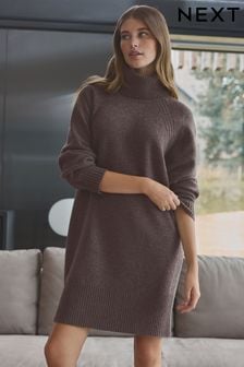 Brown Mole 100% Wool High Roll Neck Short Knitted Jumper Dress (B74612) | €128