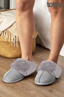 Totes Ladies Isotoner Real Suede Mules Slippers with Faux Fur Cuff