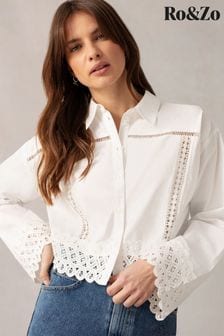 Ro&Zo Cropped Crochet Trim White Shirt (B74904) | $136