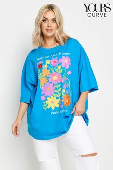 Yours Curve Blue Floral Print 'Paris' Slogan Oversized T-Shirt (B74990) | AED111
