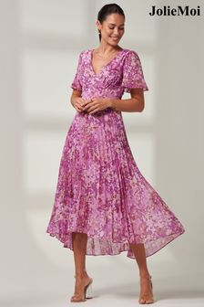 Vijolična s cvetličnim vzorcem - Jolie Moi nabrana dolga obleka iz šifona z nabranim robom (B75084) | €90