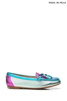 Moda in Pelle Blue/Pink Famina Square Toe Bow Tassel Trim Lined Loafers (B75088) | ₪ 448