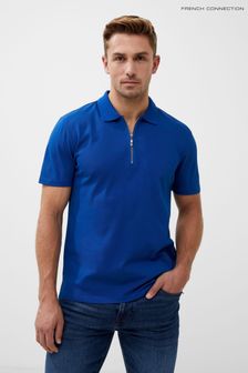 French Connection Blue Short Sleeve Pique Zip Polo Shirt