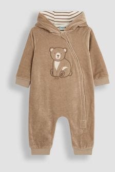 JoJo Maman Bébé Mocha Brown Bear Appliqué Zip Up Hooded Romper (B75256) | $48