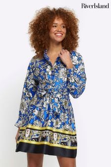 River Island Blue Floral Belted Mini Shirt Dress (B75320) | $99