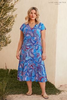 Live Unlimited Curve - Blue Multi Paisley Print V-Neck Dress (B75434) | SGD 114
