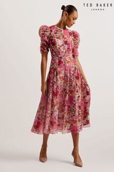 Ted Baker Pink Botani Puff Sleeve Midi Dress (B75465) | $428