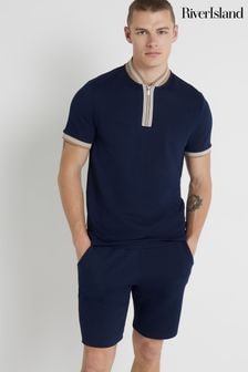 River Island Navy 100% Cotton Slim Fit Short Sleeve Contrast Baseball Polo Shirt (B75527) | $51