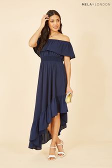 Mela Blue Bardot Maxi Dress With Asymmetric Hem (B75666) | AED222