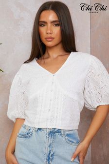 Chi Chi London Blue V-Neck Puff Sleeve Broderie Anglaise Top (B75862) | €51