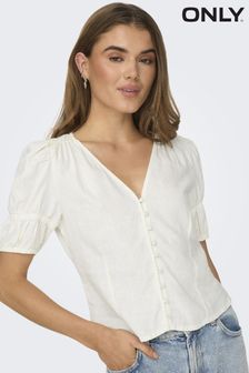 ONLY White Linen Blend Puff Sleeve Blouse (B76485) | 166 SAR