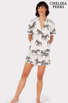 Chelsea Peers White Zebra Print V-neck Button Up Short Pyjama Set (B76688) | Kč1,270