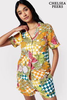 Chelsea Peers Brown Linen-Blend Fruit Checkerboard Print Short Pyjama Set (B76772) | 92 €