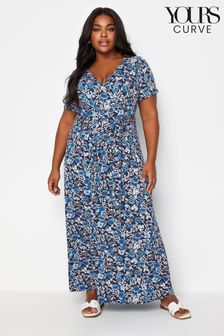 Yours Curve Blue Navy Blue Floral Print Wrap Maxi Dress (B76774) | AED216