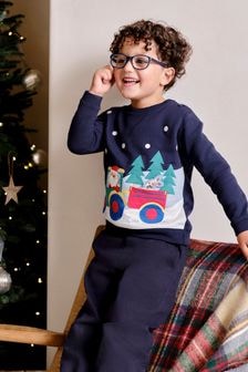 JoJo Maman Bébé Navy Santa And Reindeer Tractor Sweatshirt (B76923) | $45