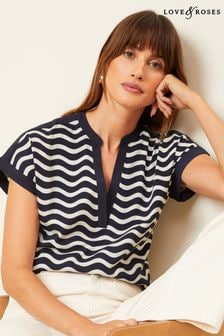 Love & Roses Blue Wave Stripe Jersey V Neck Woven Trim Short Sleeve T-Shirt (B77130) | $45