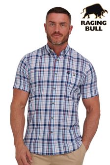 Raging Bull Blue Short Sleeve Large Multi Check Linen Look Shirt (B77132) | kr831 - kr961