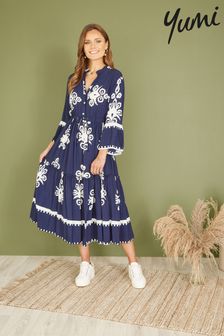 Yumi Blue Viscose Midi Dress With Long Sleeves (B77237) | SGD 106
