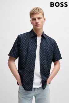 BOSS Blue Regular Fit Short Sleeve Printed Poplin Shirt (B77321) | $135