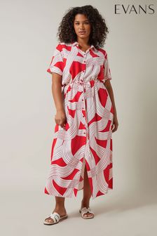 אדום - Linear Print Shirt Dress (B77349) | ‏236 ‏₪