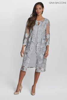 Gina Bacconi Grey Savoy Embroidered Lace Mock Jacket With Jersey Dress (B78024) | $600