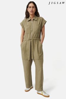 كريمي - Jigsaw Linen Zip Front Jumpsuit (B78108) | 1,026 د.إ