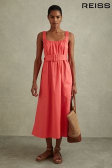 Reiss Coral Liza Cotton Ruched Strap Belted Midi Dress (B78656) | 1,132 SAR