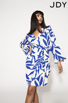 JDY Blue Leaf Print Wrap Mini Dress (B78702) | SGD 62