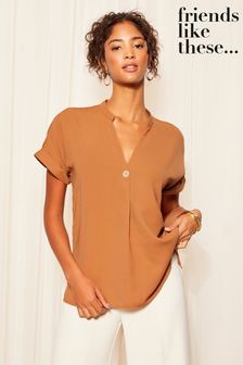Friends Like These V Neck Roll Sleeve Button Blouse