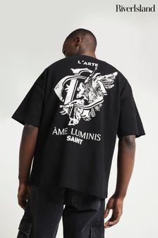River Island Black Short Sleeve Regular Fit Atre Saint T-Shirt (B78918) | AED159